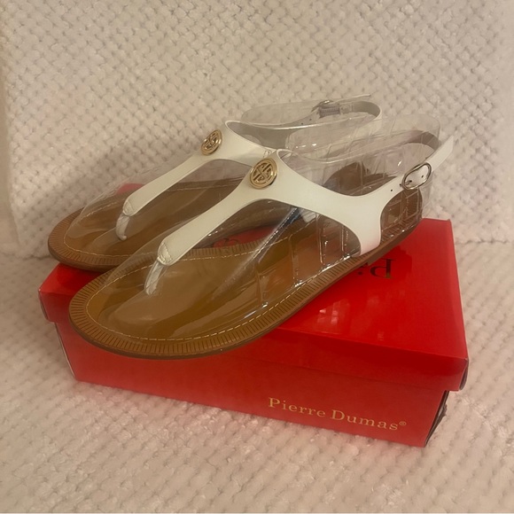 NEW Pierre Dumas White and Brown T-Strap Sandals - Picture 4 of 5